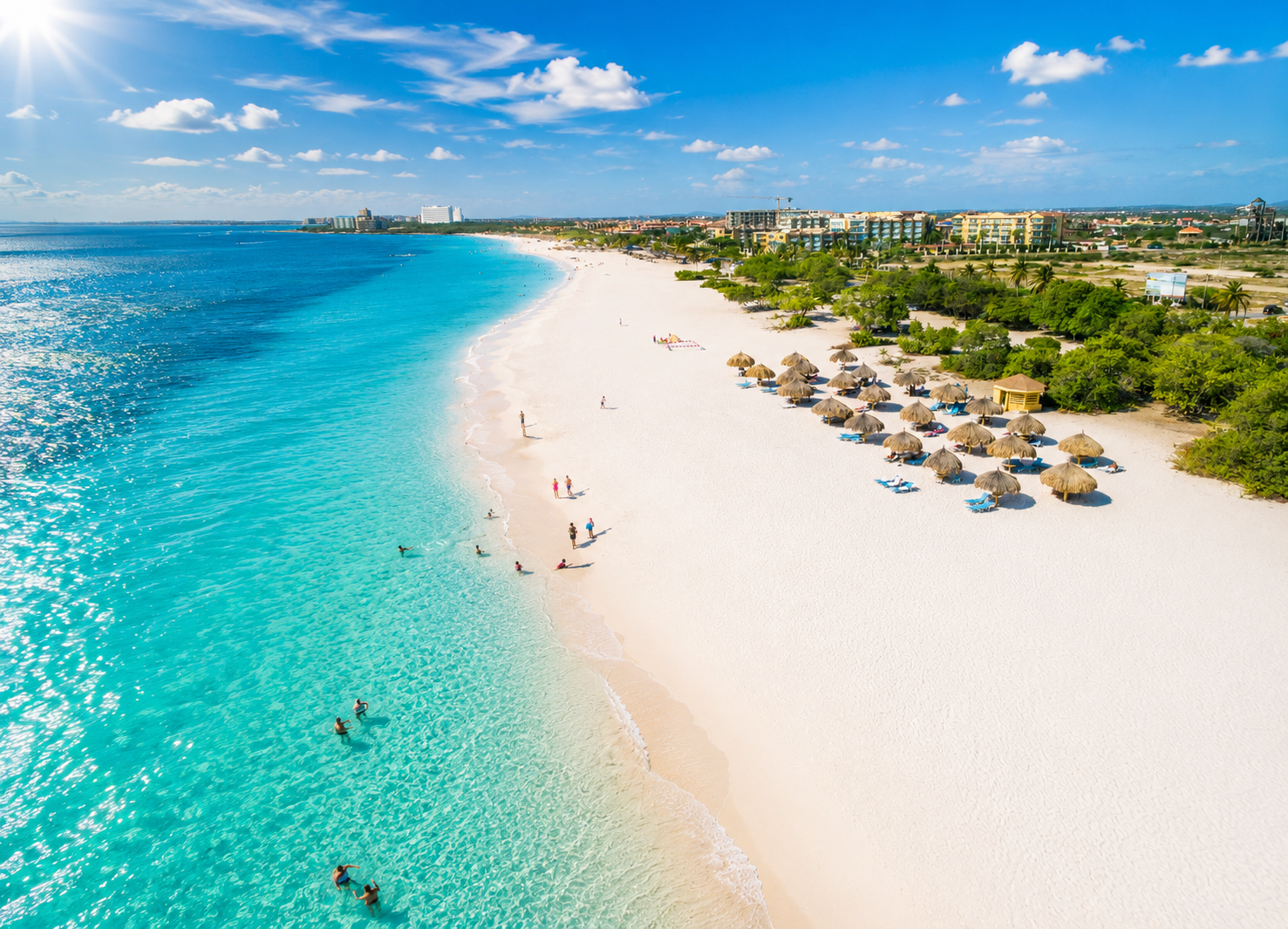 Aerial view of Eagle Beach, Aruba, with turquoise water and white sand