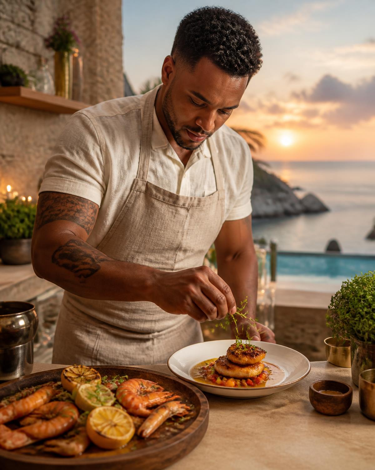 Private chef plating a dish on a villa terrace at sunset