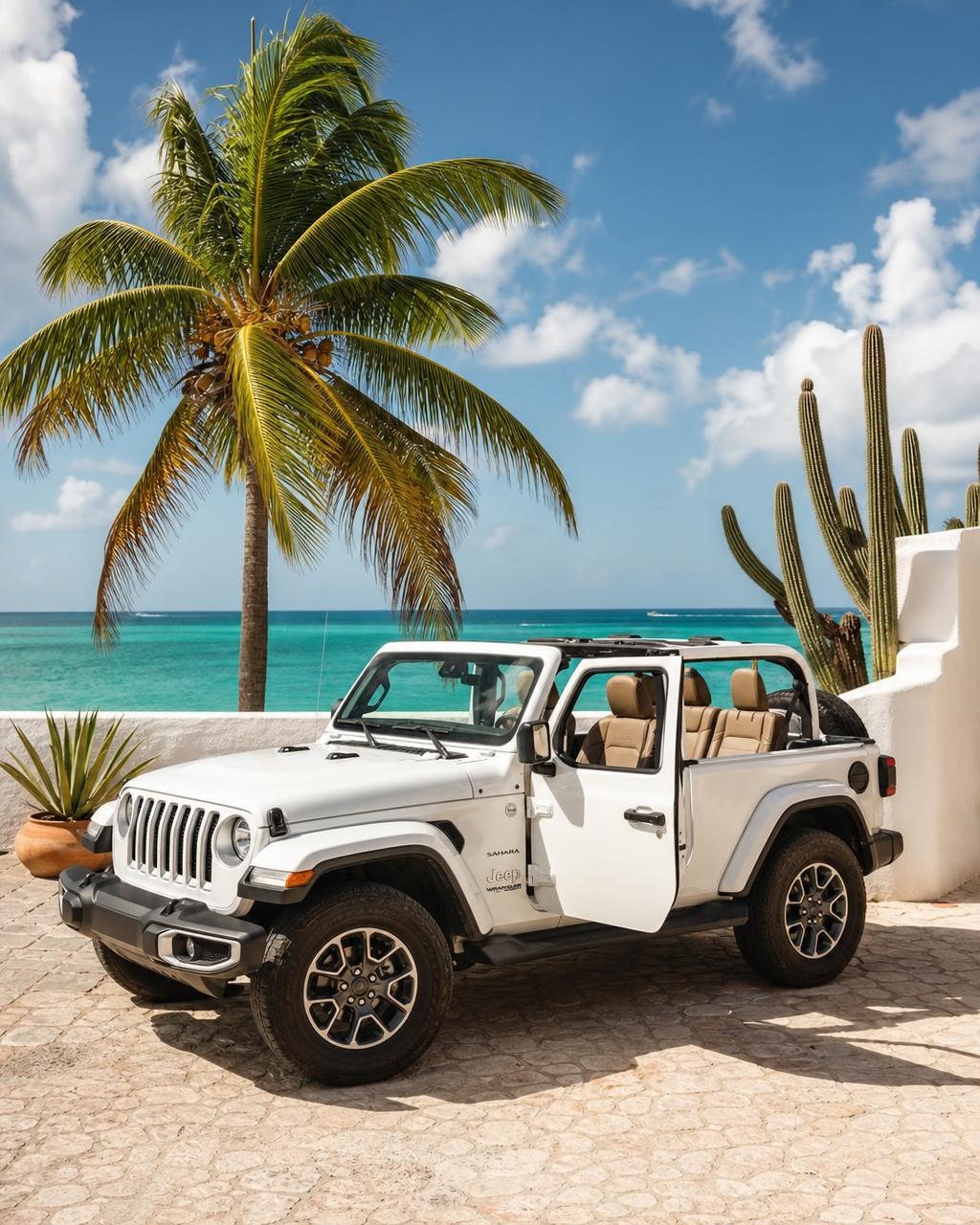 White open-top Jeep Wrangler parked on a sun-bleached terrace with turquoise Caribbean water and palm trees in the background