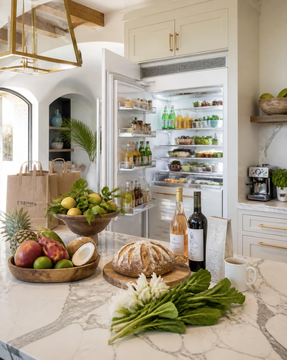 Villa kitchen counter and fridge stocked with island produce, bread and wine
