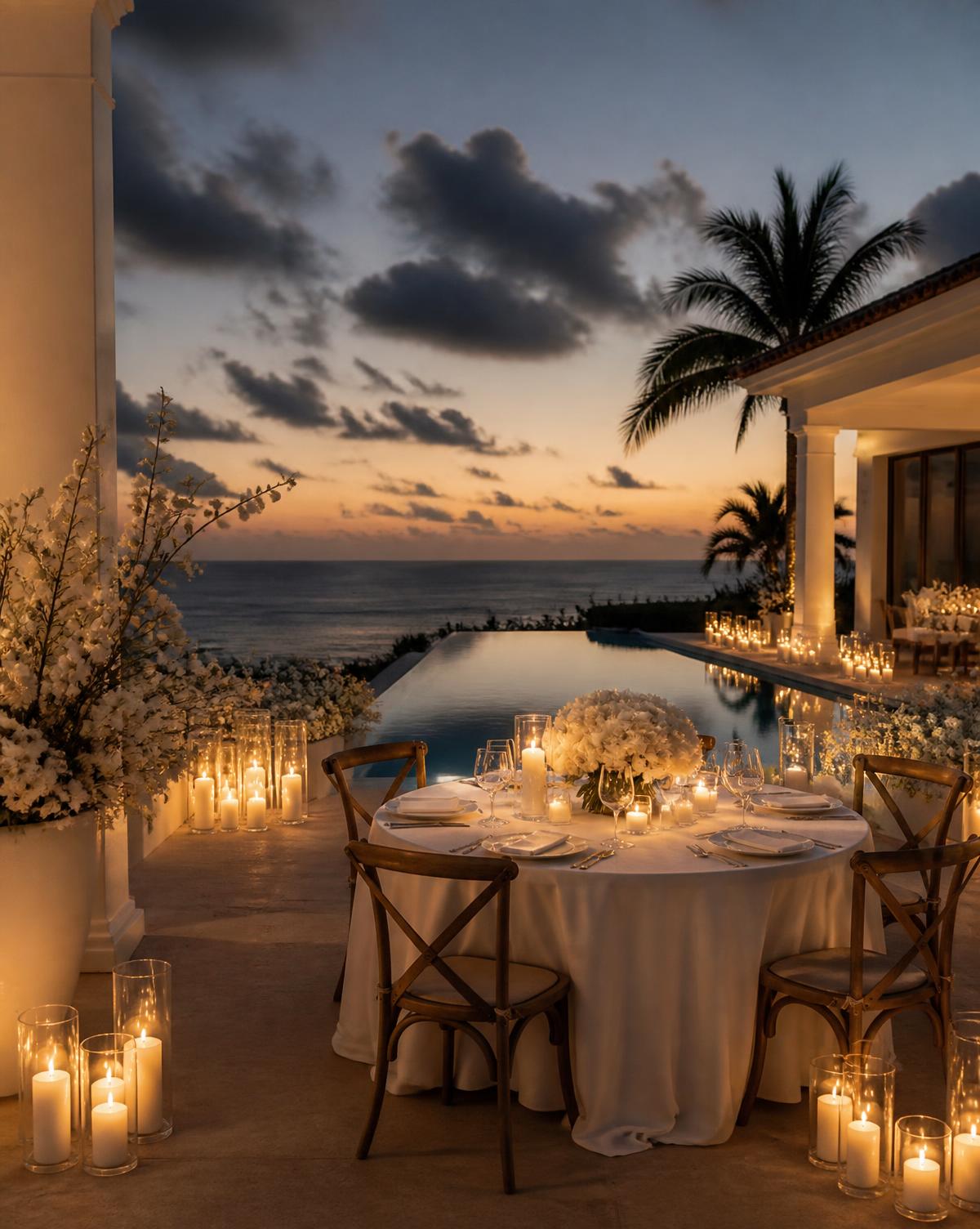 Candlelit terrace table styled with white florals beside a pool at twilight